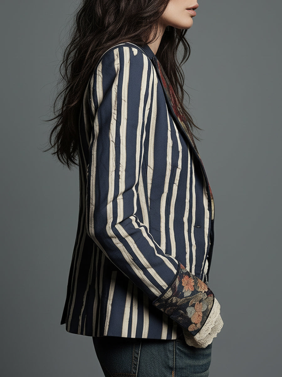 Bohemian striped women's blazer, a versatile retro layering piece for office or casual wear.
