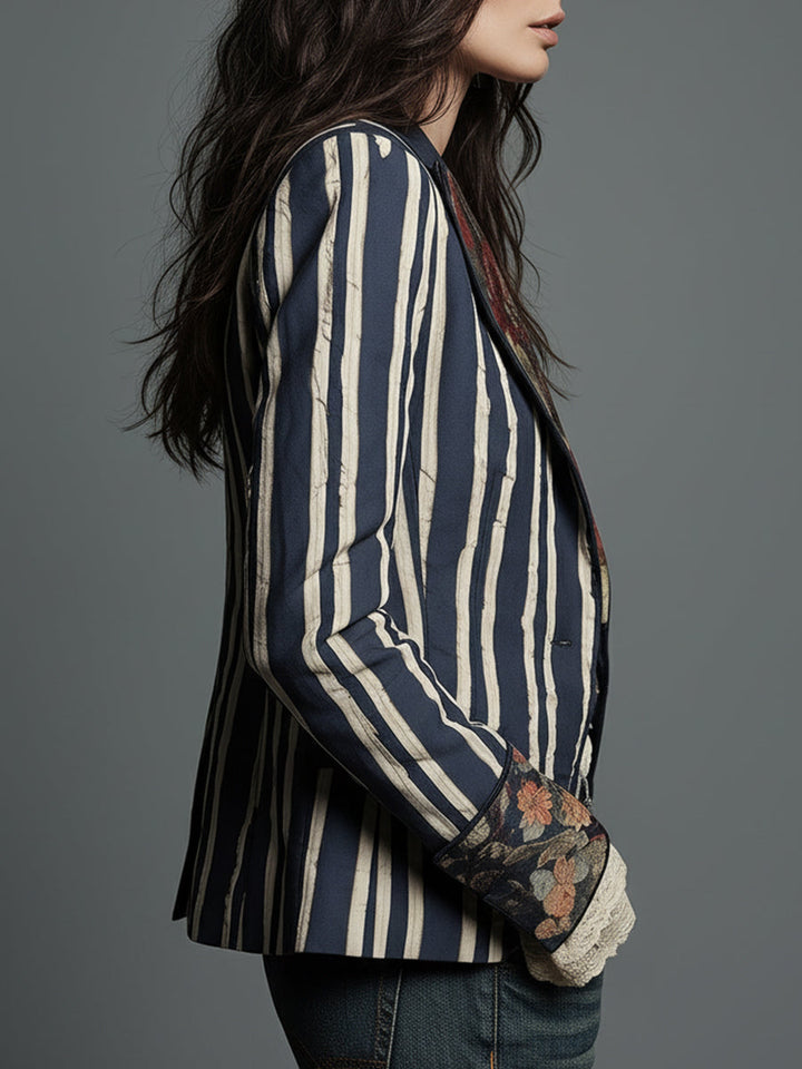 Bohemian striped women's blazer, a versatile retro layering piece for office or casual wear.