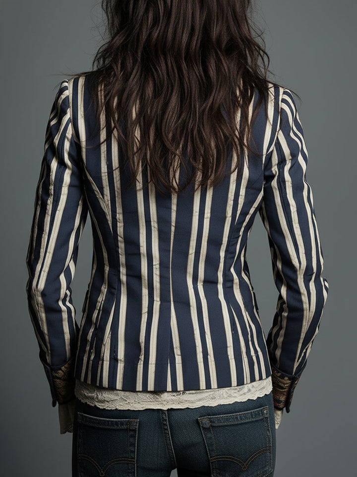 Elegant women's classic striped blazer, bohemian retro jacket for stylish outerwear.