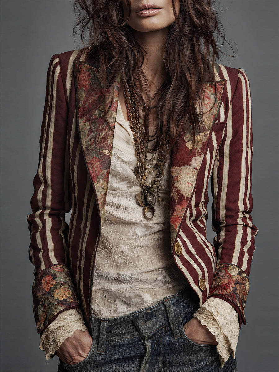 Comfortable women's retro bohemian striped blazer, a vintage-inspired jacket for everyday style.