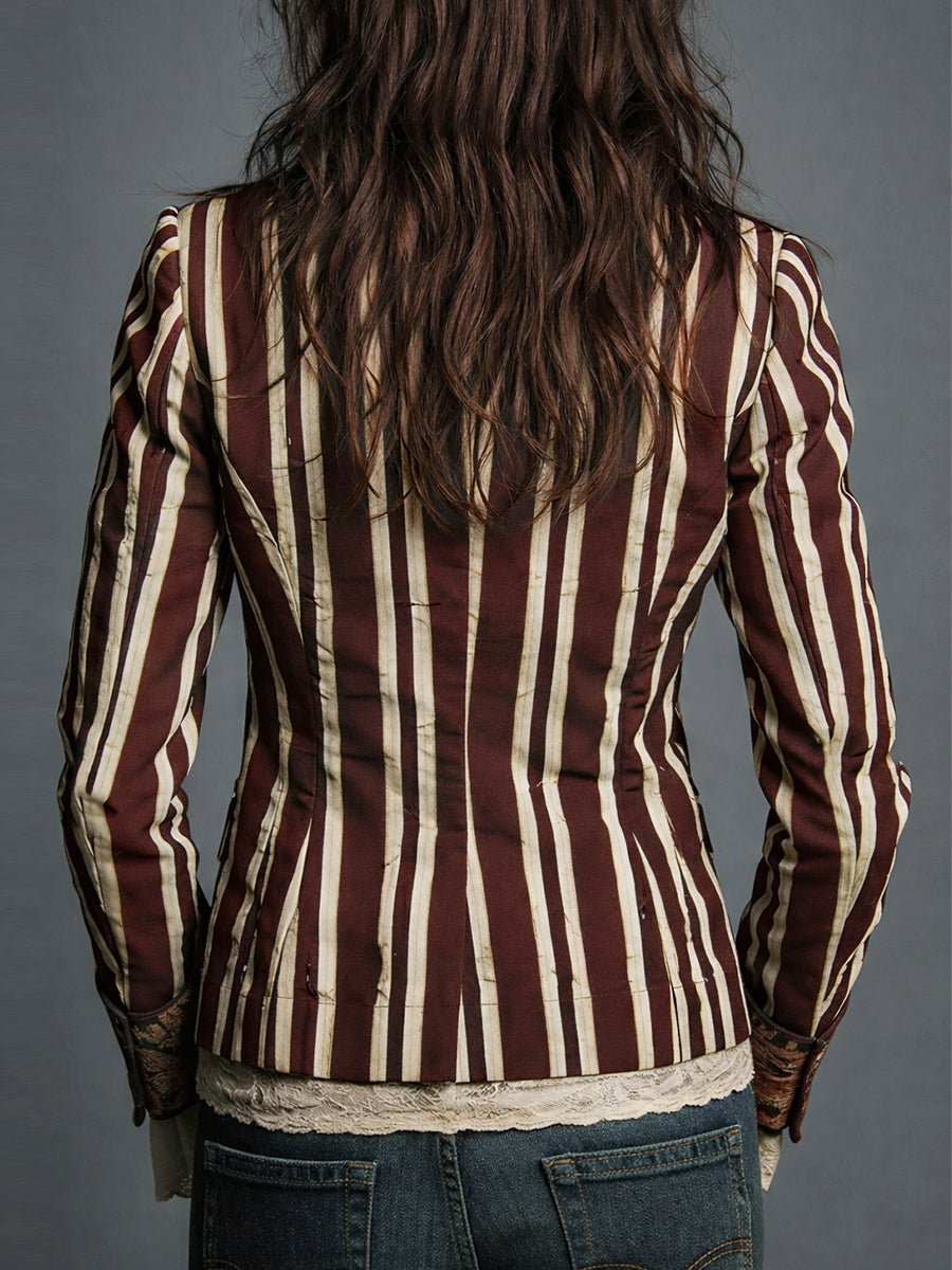 Chic women's bohemian striped blazer, perfect retro jacket for elegant office wear or casual outings.