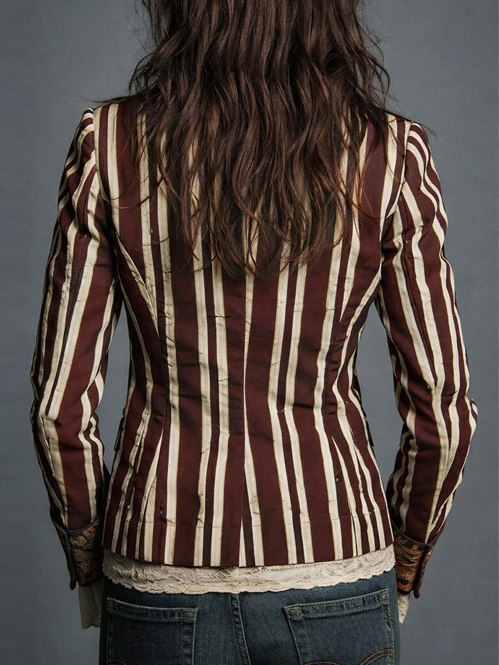 Chic women's bohemian striped blazer, perfect retro jacket for elegant office wear or casual outings.