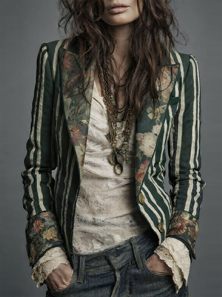 Classic women's bohemian striped blazer, retro style jacket for versatile fashion.