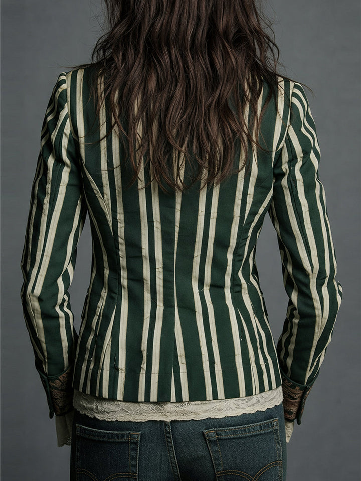Striped bohemian women's blazer with retro design, an elegant vintage-inspired outerwear piece.