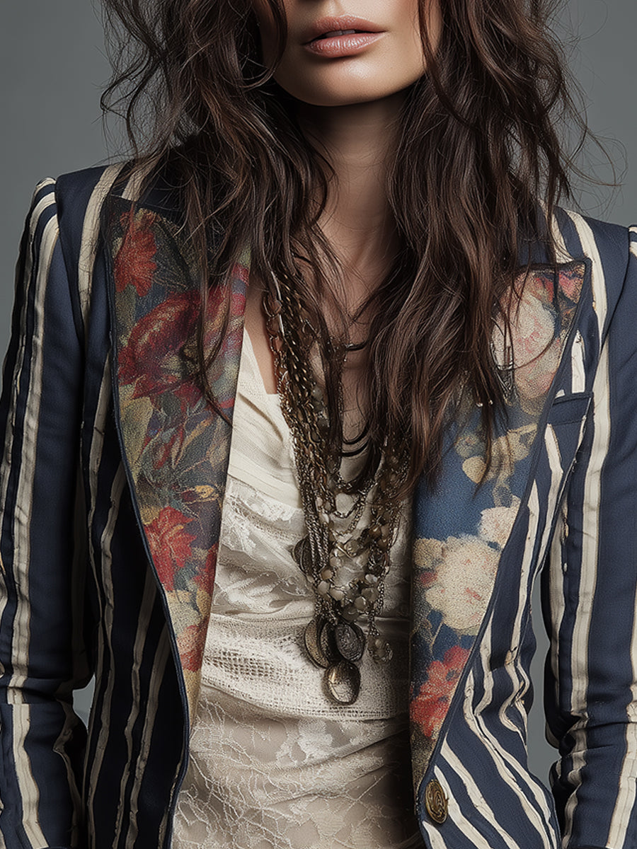 Stylish women's retro striped blazer, a classic bohemian jacket for elegant and chic layering.