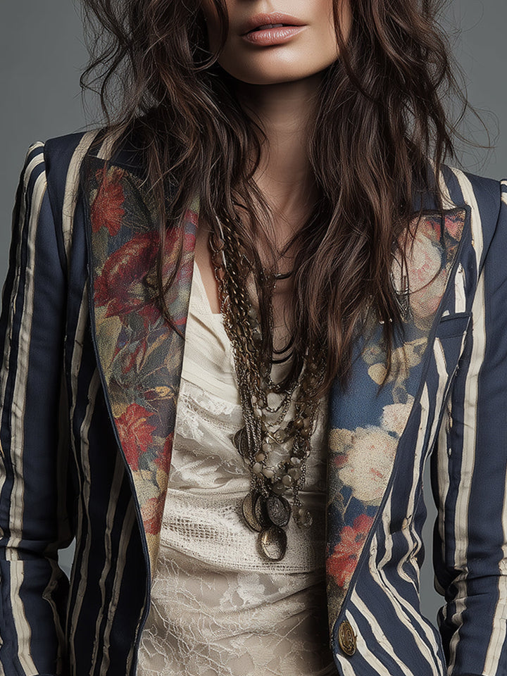 Stylish women's retro striped blazer, a classic bohemian jacket for elegant and chic layering.