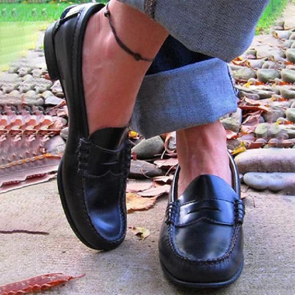 Comfortable khaki orthopedic women's penny loafers, classic style slip-on flats for elegant everyday & work wear.