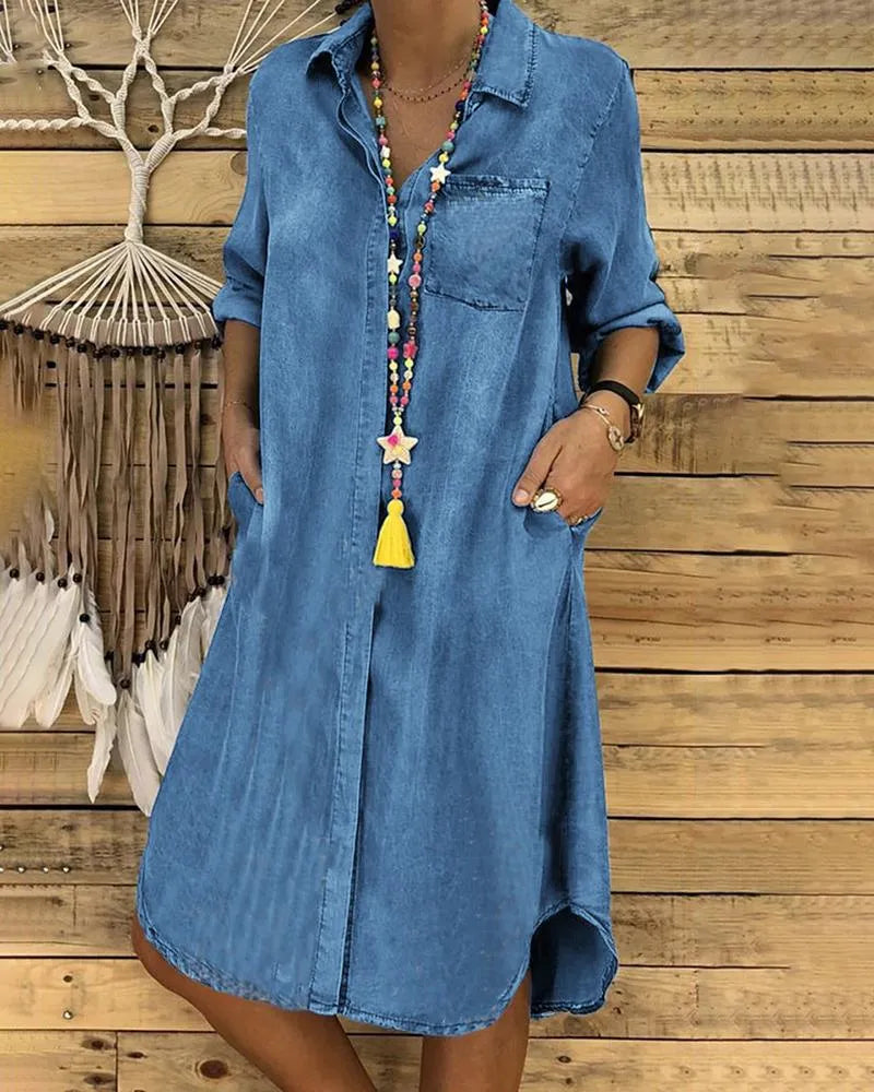 Women's classic button-down midi dress with long sleeves, perfect for everyday casual wear & versatile styling.