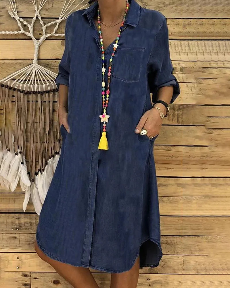 Relaxed fit women's midi shirt dress, classic button-down design for casual elegance & comfortable everyday wear.