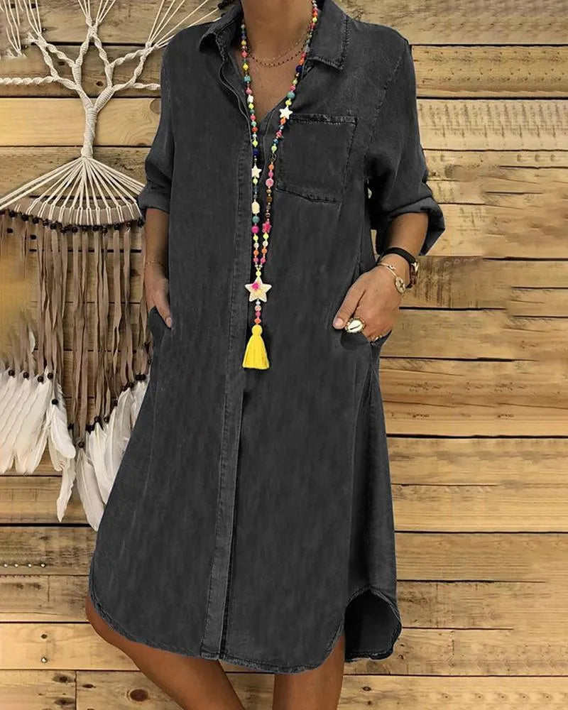 Stylish women's long sleeve midi dress featuring a classic button-down front, ideal for versatile casual outfits.