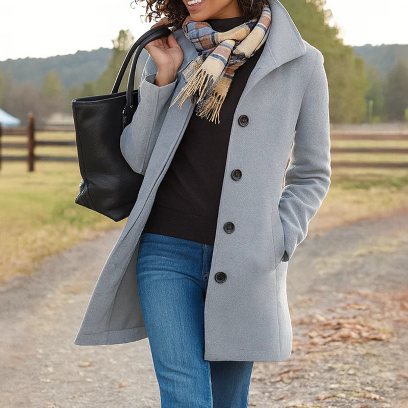Women's classic button-up longline coat. Elegant and timeless outerwear for sophisticated style.