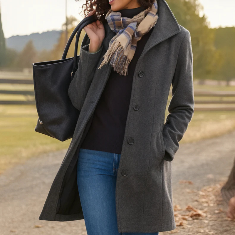 Classic button-up women's long jacket. Timeless design, elegant outerwear, versatile layering.
