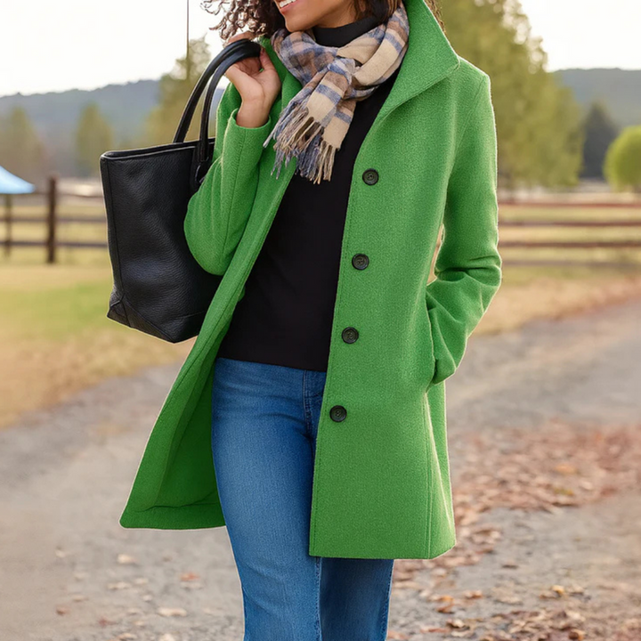 Classic women's button-up long coat. Elegant and versatile for sophisticated winter fashion & timeless design.
