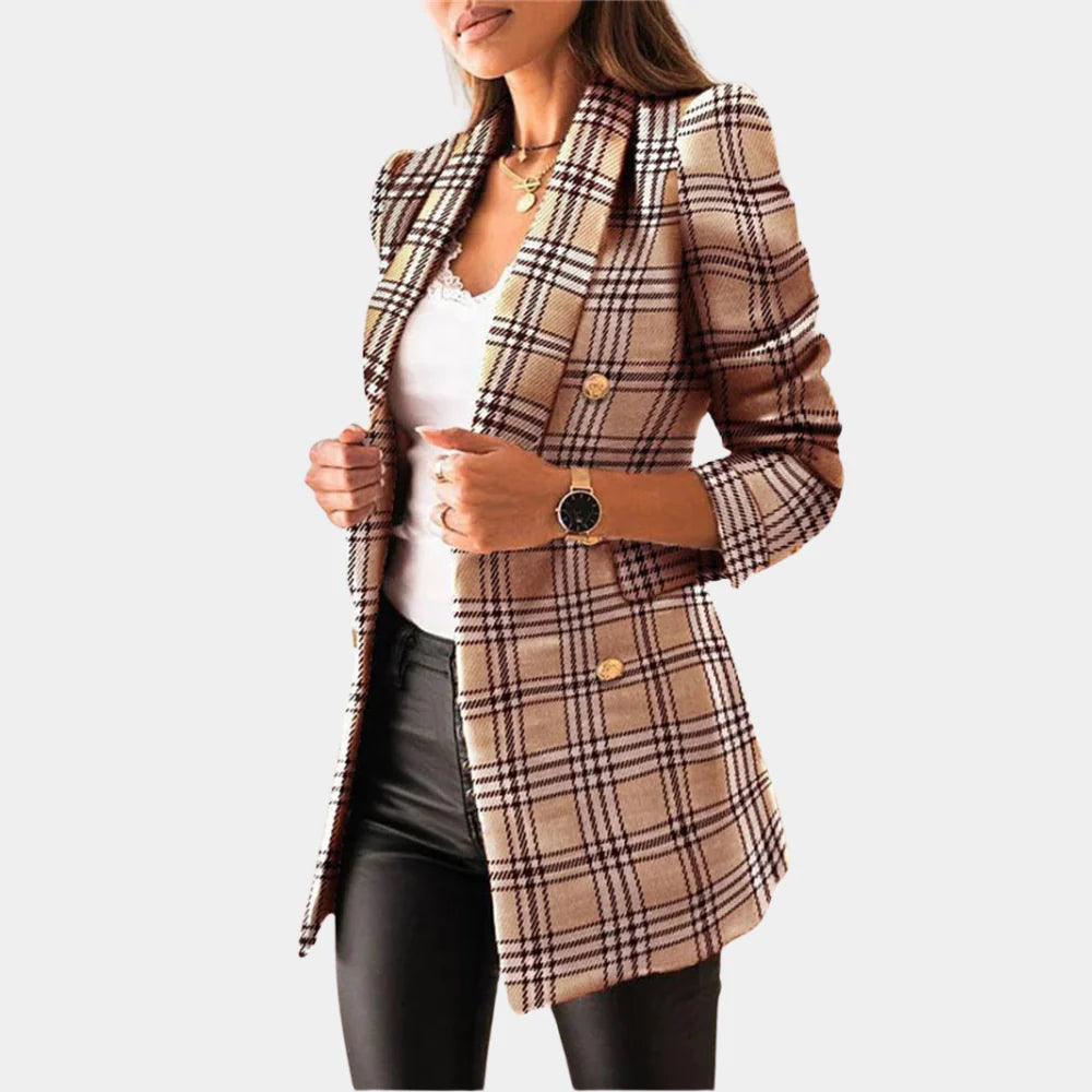 Stylish women's checked jacket, classic pattern, a versatile slim fit blazer for professional or casual outfits.