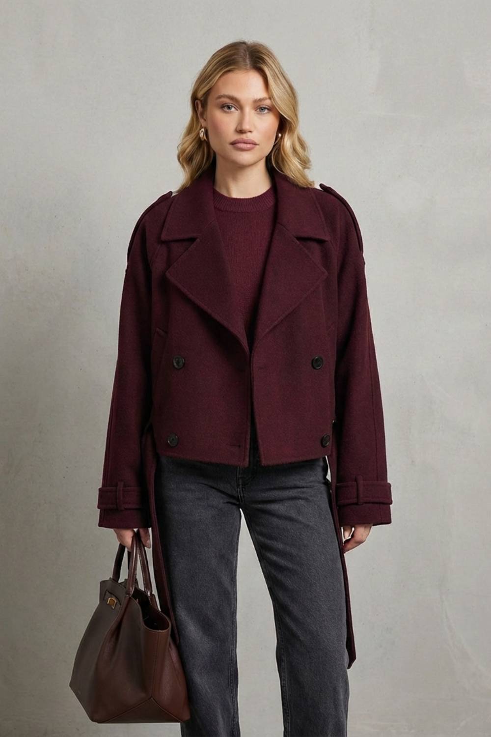 Classic women's cropped blazer featuring a double-breasted front. Stylish outerwear for a polished silhouette.