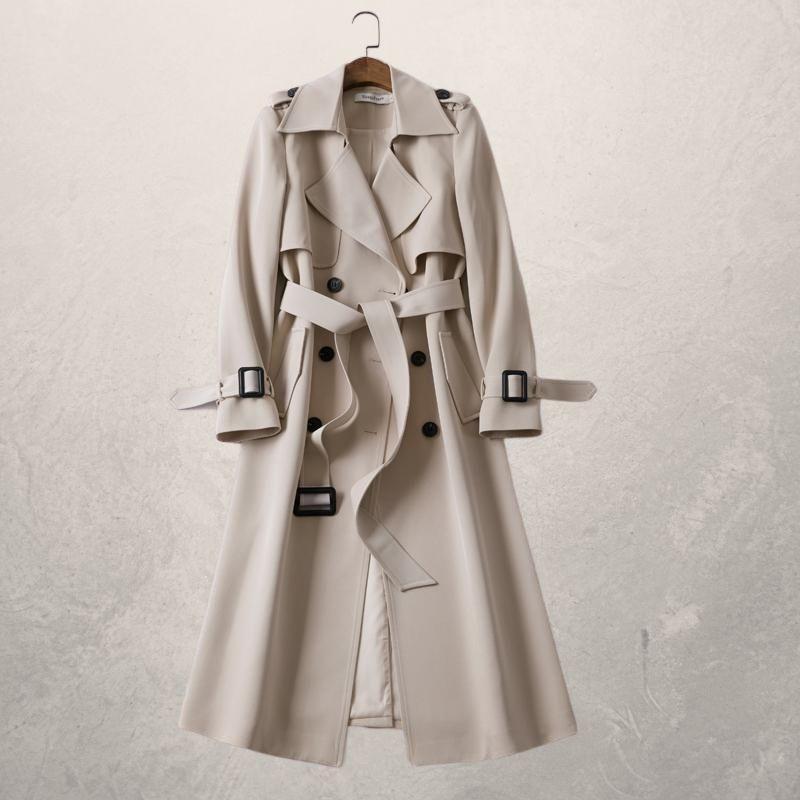 Women's classic double-breasted trench coat with a belt, ideal for stylish spring & fall outerwear.