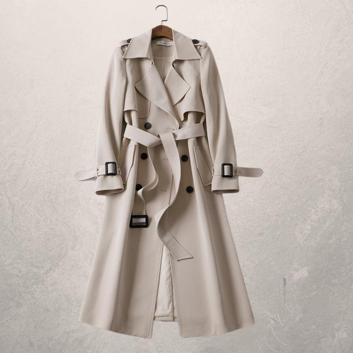 Women's classic double-breasted trench coat with a belt, ideal for stylish spring & fall outerwear.