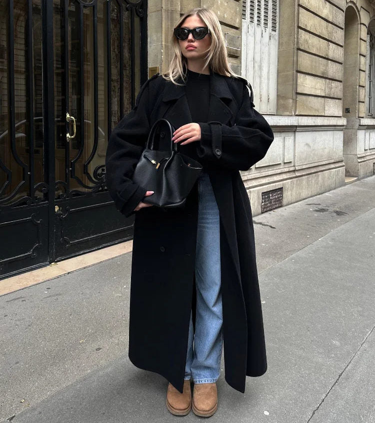 Women's classic double-breasted trench coat with a stylish belt, perfect for fall and winter elegant outerwear.
