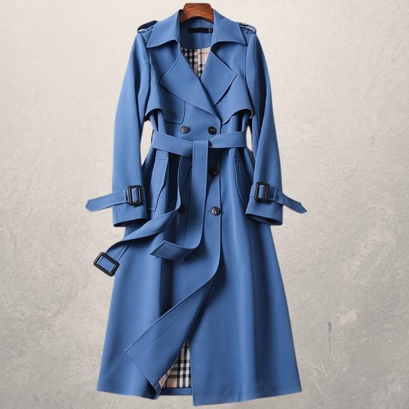 Elegant women's belted trench coat, double-breasted design for timeless spring & fall fashion.