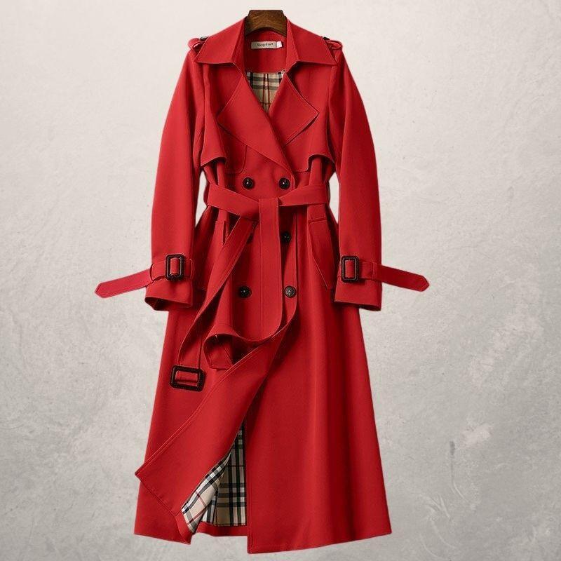 Women's double-breasted long trench coat featuring a belt, perfect for classic spring/fall layering.