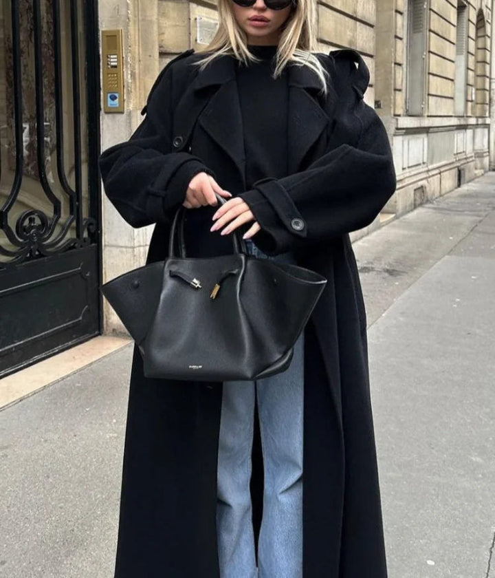 Women's Classic Double-Breasted Trench Coat featuring a stylish belt, an essential elegant long outerwear.