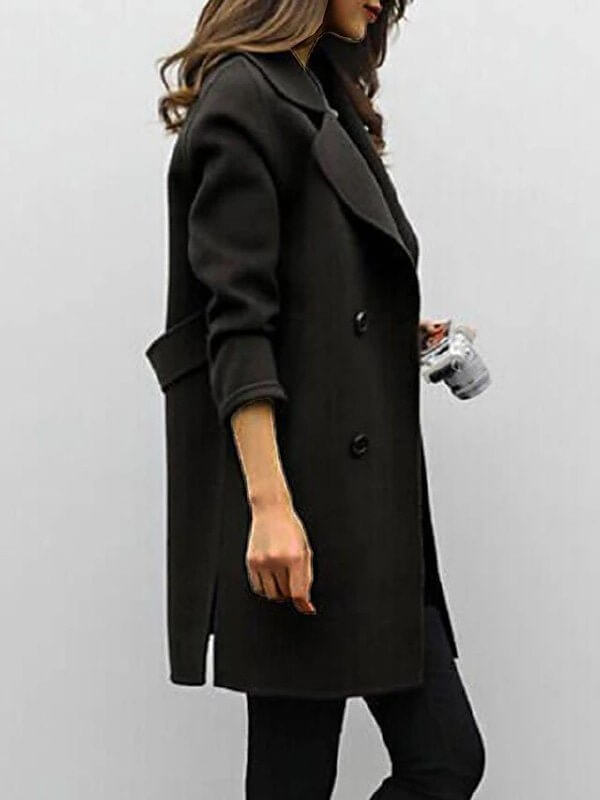 Classic women's double-breasted winter coat, long-sleeve elegant outerwear for stylish cold-weather protection.