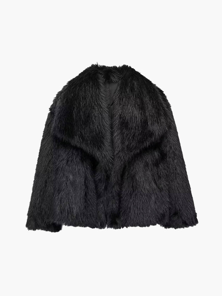 Luxurious women's faux fur winter jacket. Classic design, wide lapel collar, perfect for elegant cold weather fashion.