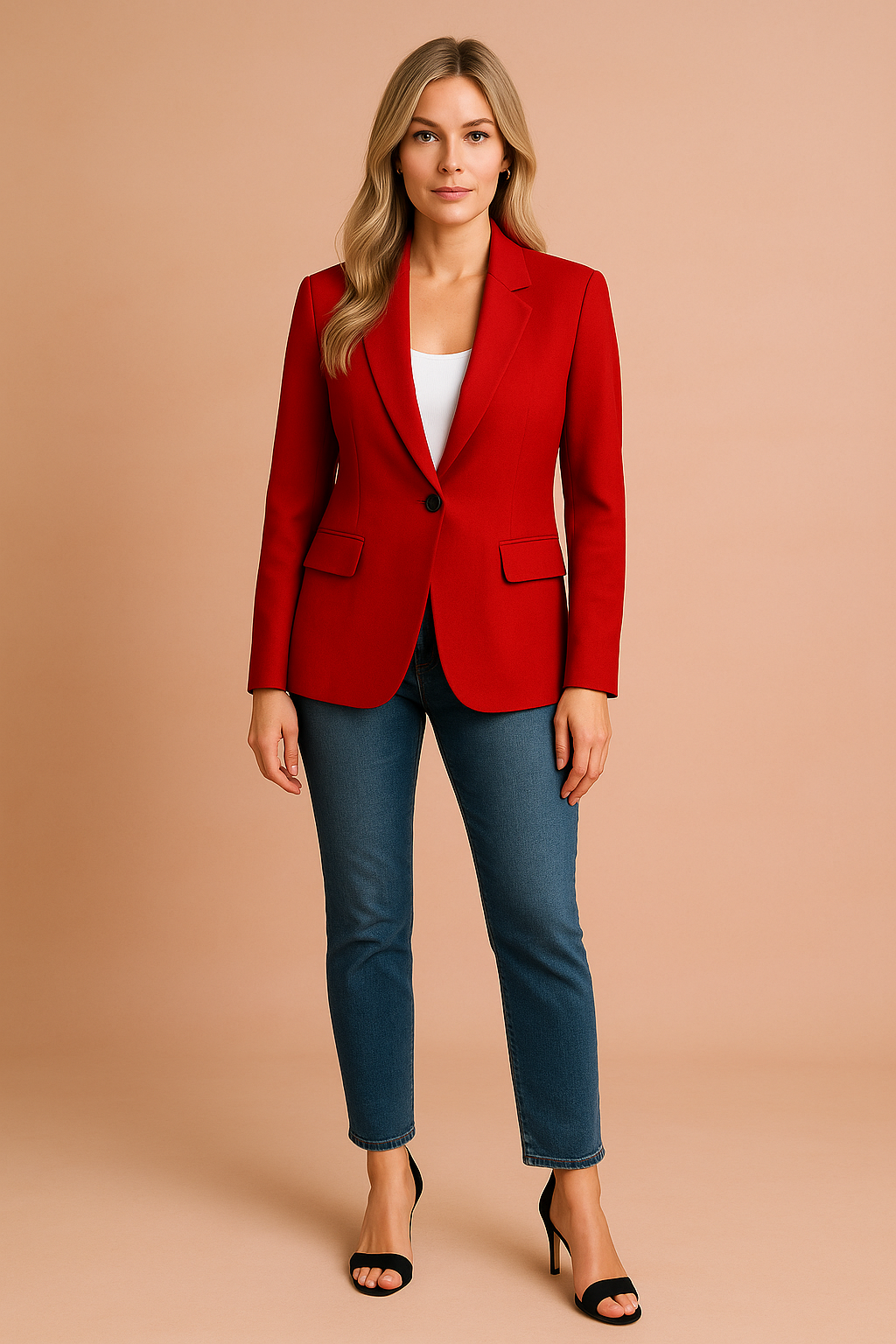 Women's classic fitted blazer for professional business wear. Chic, tailored jacket perfect for office fashion.