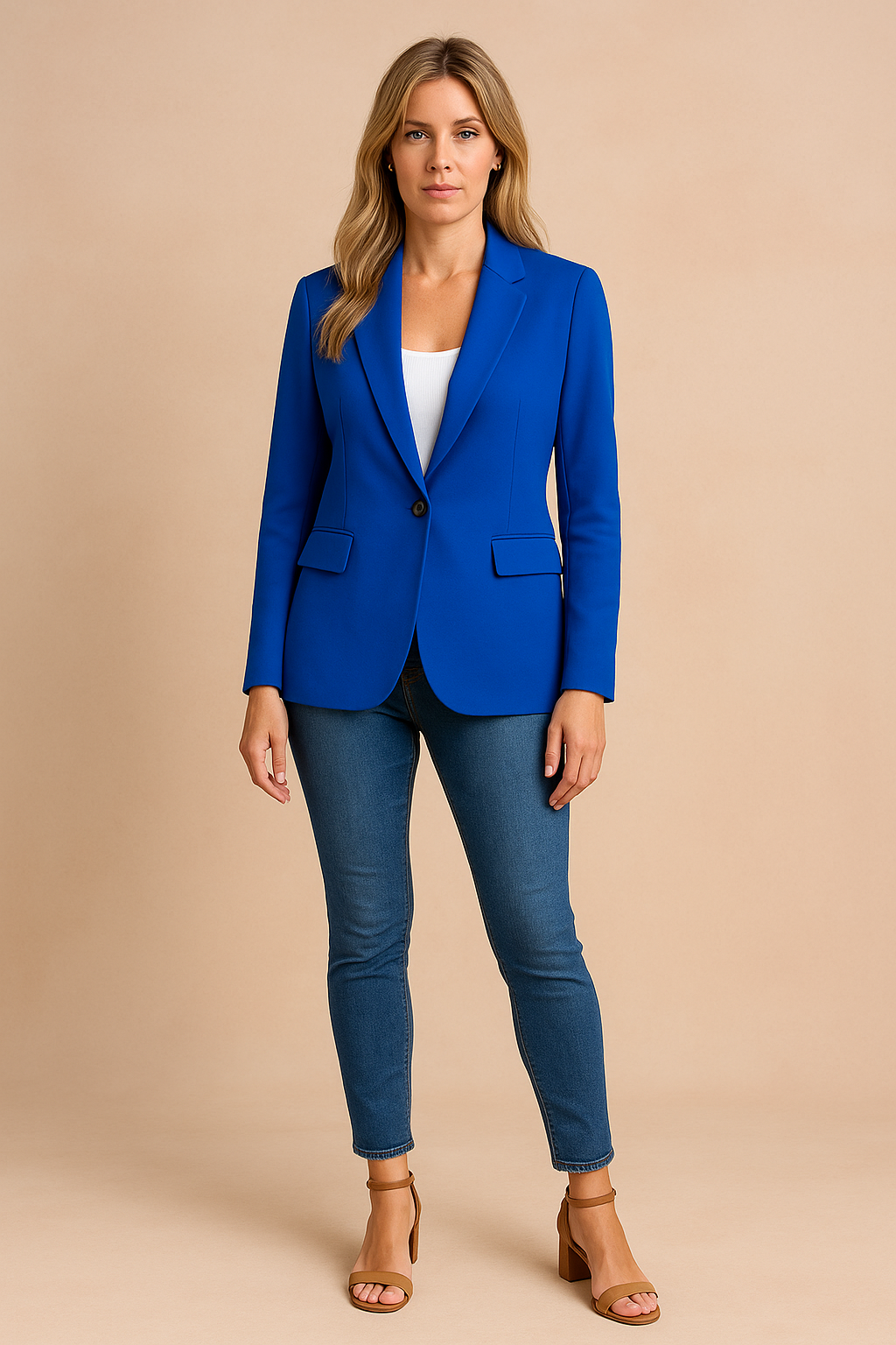 Chic women's fitted blazer, a timeless classic. Perfect tailored jacket for professional business and office wear.