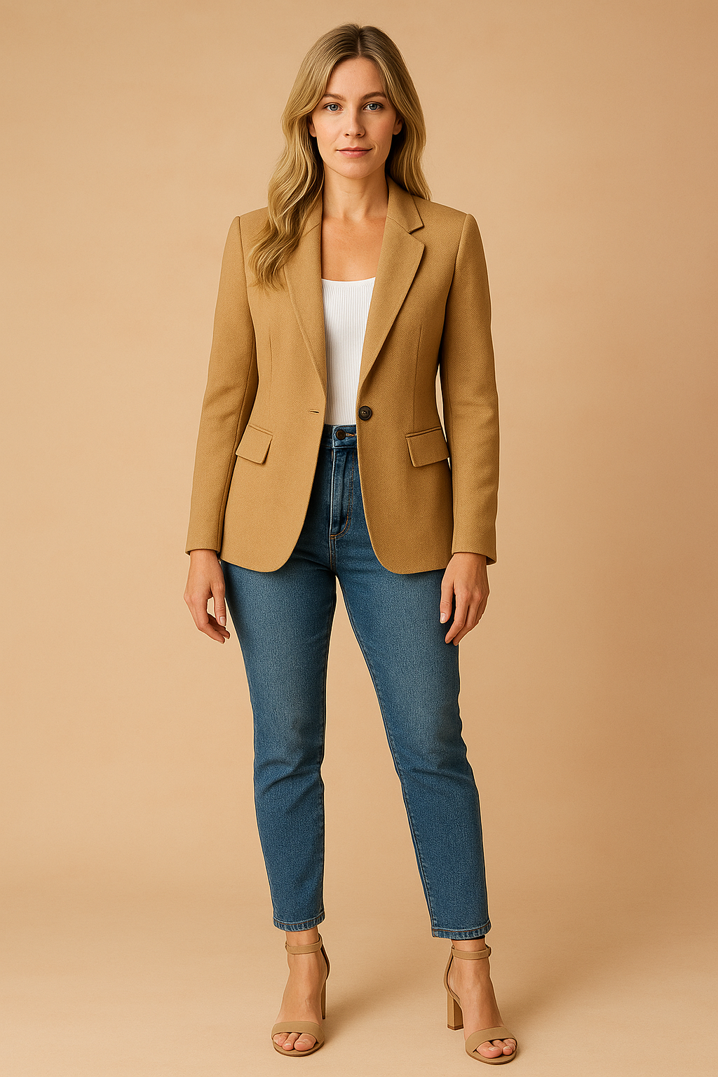 Professional women's fitted blazer. Tailored classic style, ideal for business wear and chic office fashion.
