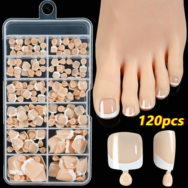 Simple French tip press-on toenails for women, offering an elegant pedicure solution and quick nail design.
