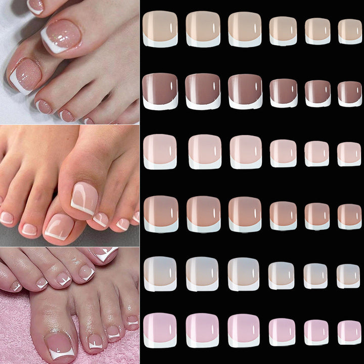 Elegant French tip fake toenails for women, offering a sophisticated nail art design and DIY beauty.