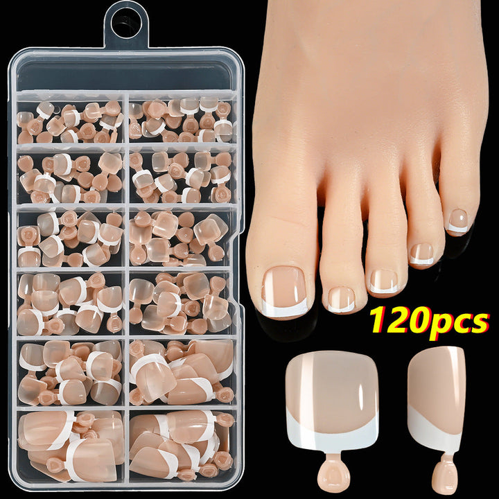 Classic French tip toenail art set for women's pedicures, offering elegant press-on fake nails.