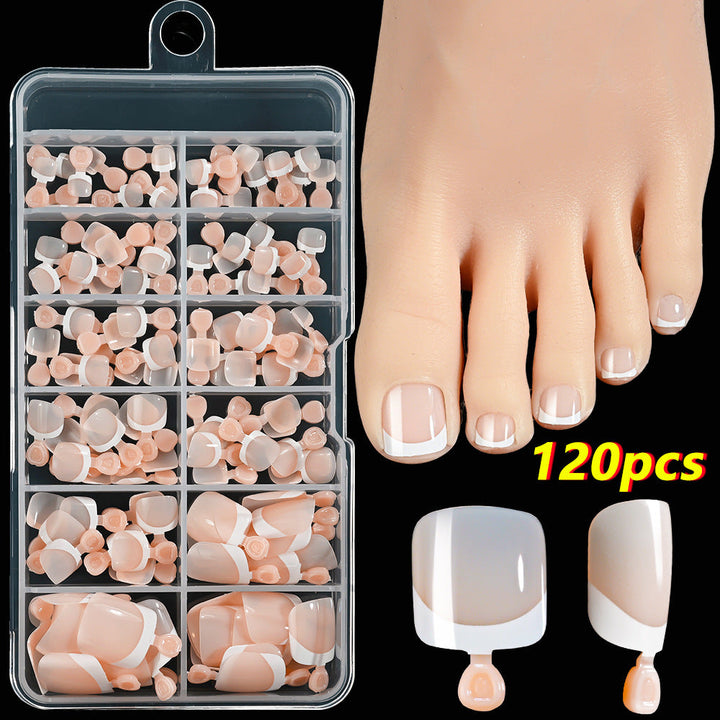 Women's beauty: French tip press-on toenail design, perfect for an elegant and easy DIY pedicure.