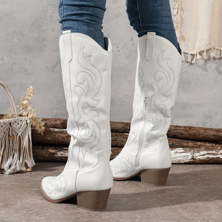 Women's classic knee-high cowboy boots with western embroidery & sturdy block heel.