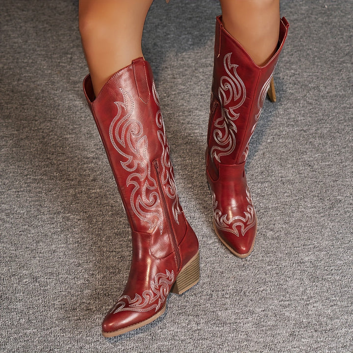 Authentic western knee-high boots for women, detailed embroidery & sturdy block heel.