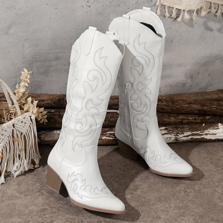 Embroidered knee-high women's boots, western cowboy fashion with a comfortable block heel.