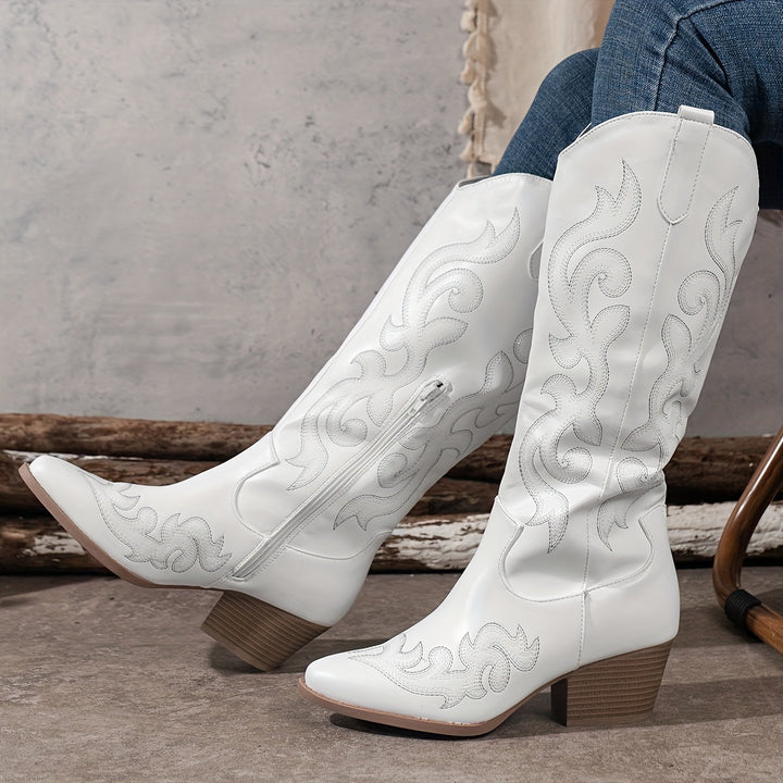 Classic western style women's boots, knee-high, with detailed embroidery & block heel.