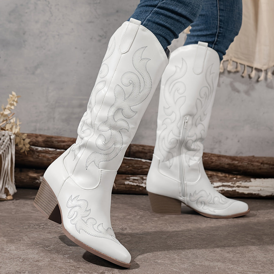 Women's fashion boots: knee-high cowboy style, elegant pointed toe, and robust block heel.