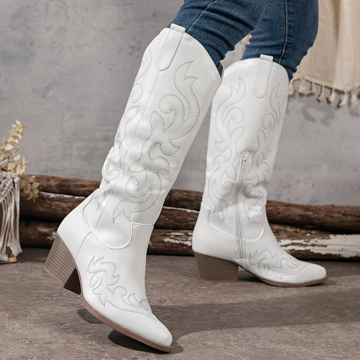 Women's fashion boots: knee-high cowboy style, elegant pointed toe, and robust block heel.
