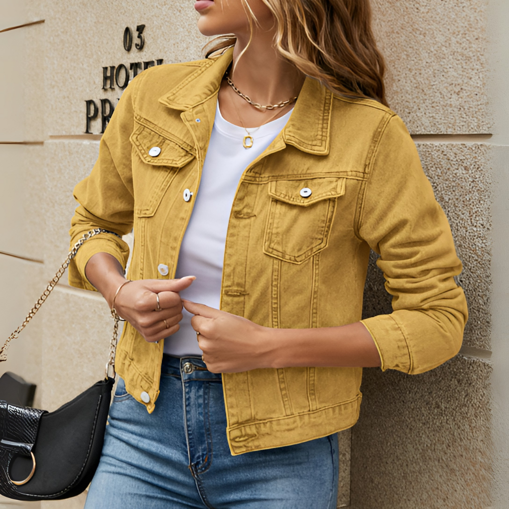 Chic white denim jacket for women, a classic button-down style for spring and summer casual fashion.