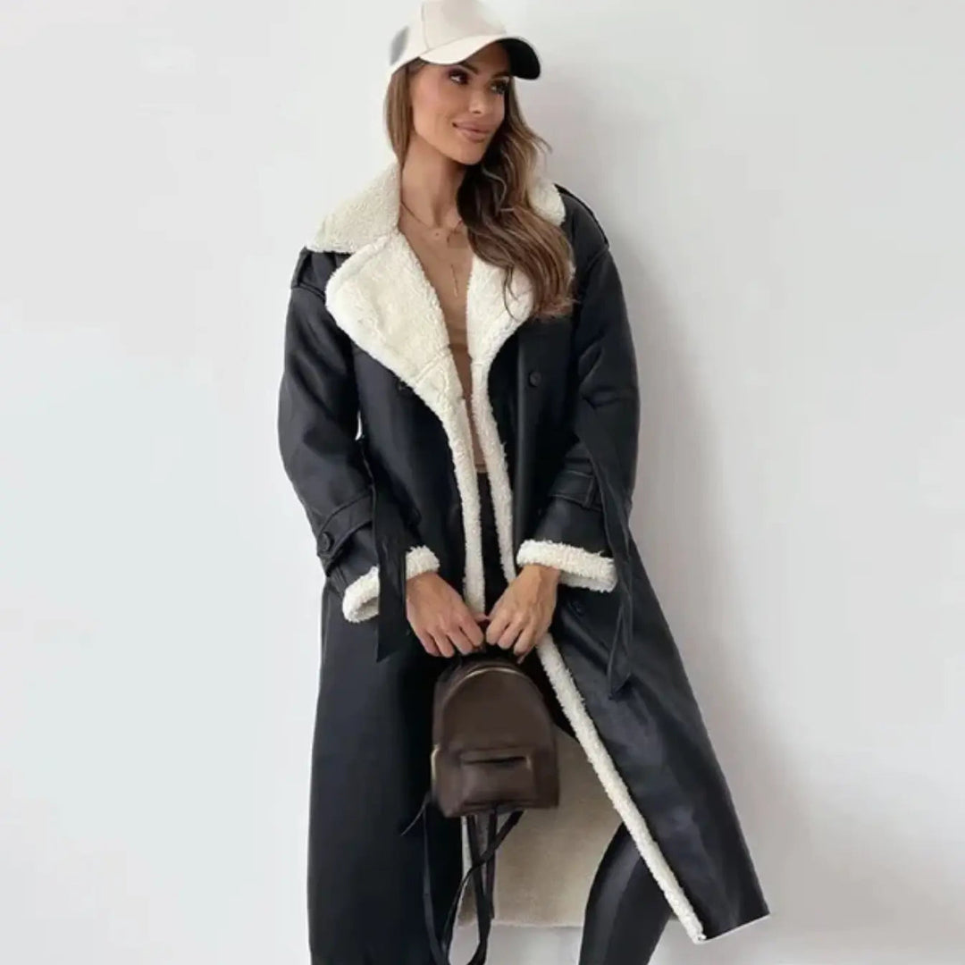 Women's classic long winter coat with a plush teddy collar, elegant & warm for cold weather.