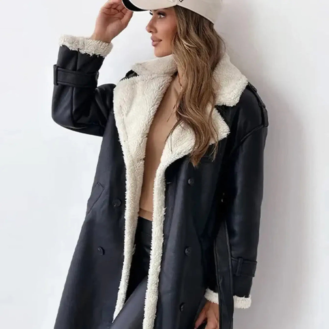 Cozy women's long winter coat with a soft teddy collar, providing ultimate warmth & classic style.