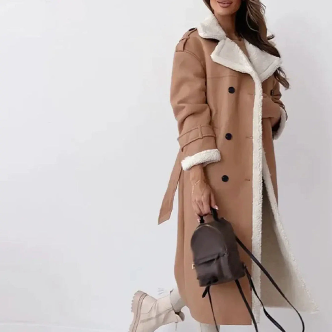 Versatile women's long winter coat with a warm teddy collar, ideal for elegant everyday wear & comfort.