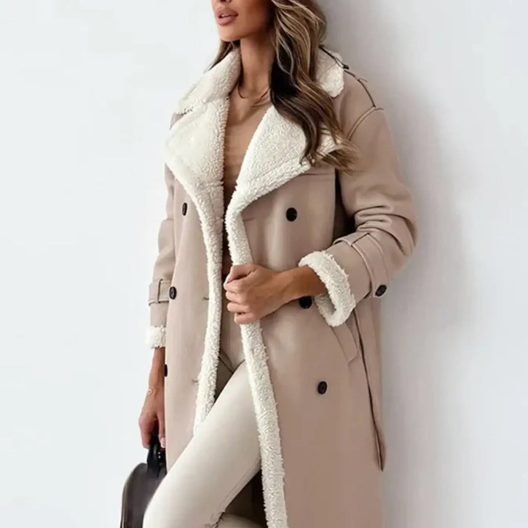 Warm women's long coat with a classic design & a cozy teddy collar, perfect for elegant winter outerwear.