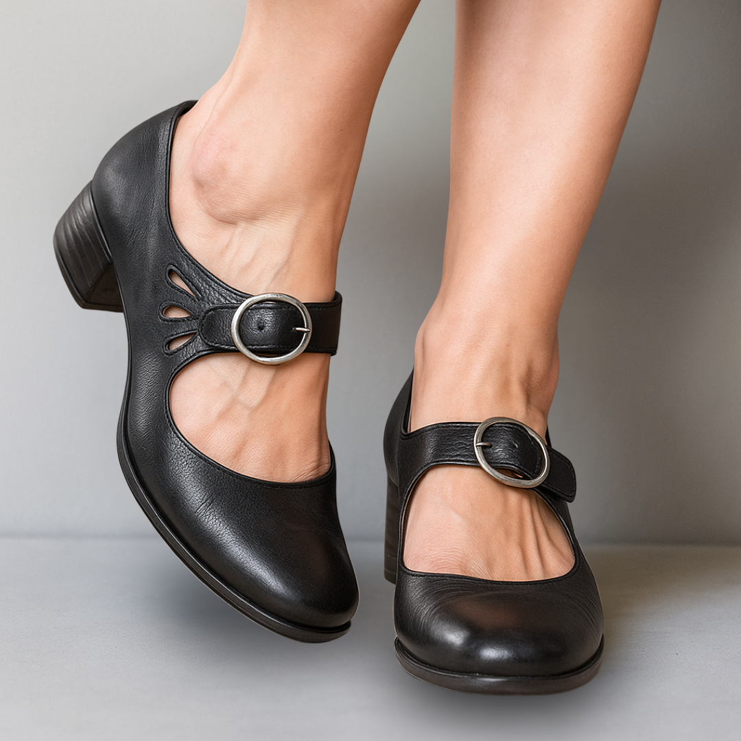 Women's classic Mary Jane shoes with buckle strap & comfortable block heel. Perfect for casual or dress.
