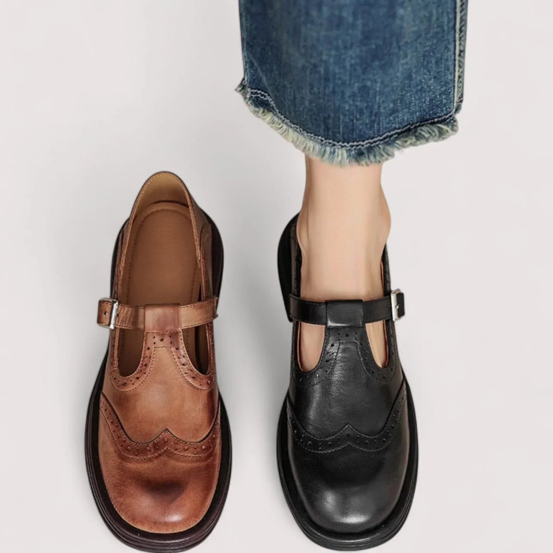 Chic women's Mary Jane shoes, showcasing elegant brogue work & a classic vintage-inspired design for everyday wear.