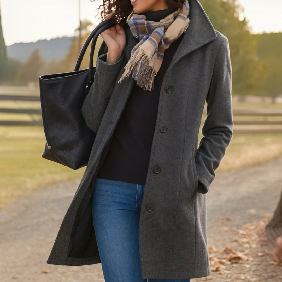 Elegant women's fall jacket featuring a stand collar & long sleeves, ideal for office attire & outerwear.
