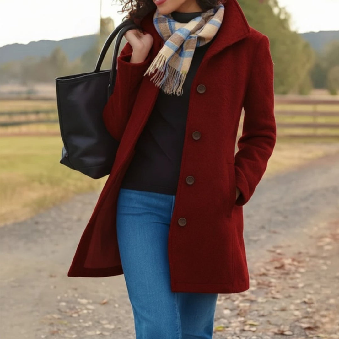 Versatile women's button-up mid-length coat, combining classic style with practical winter outerwear.