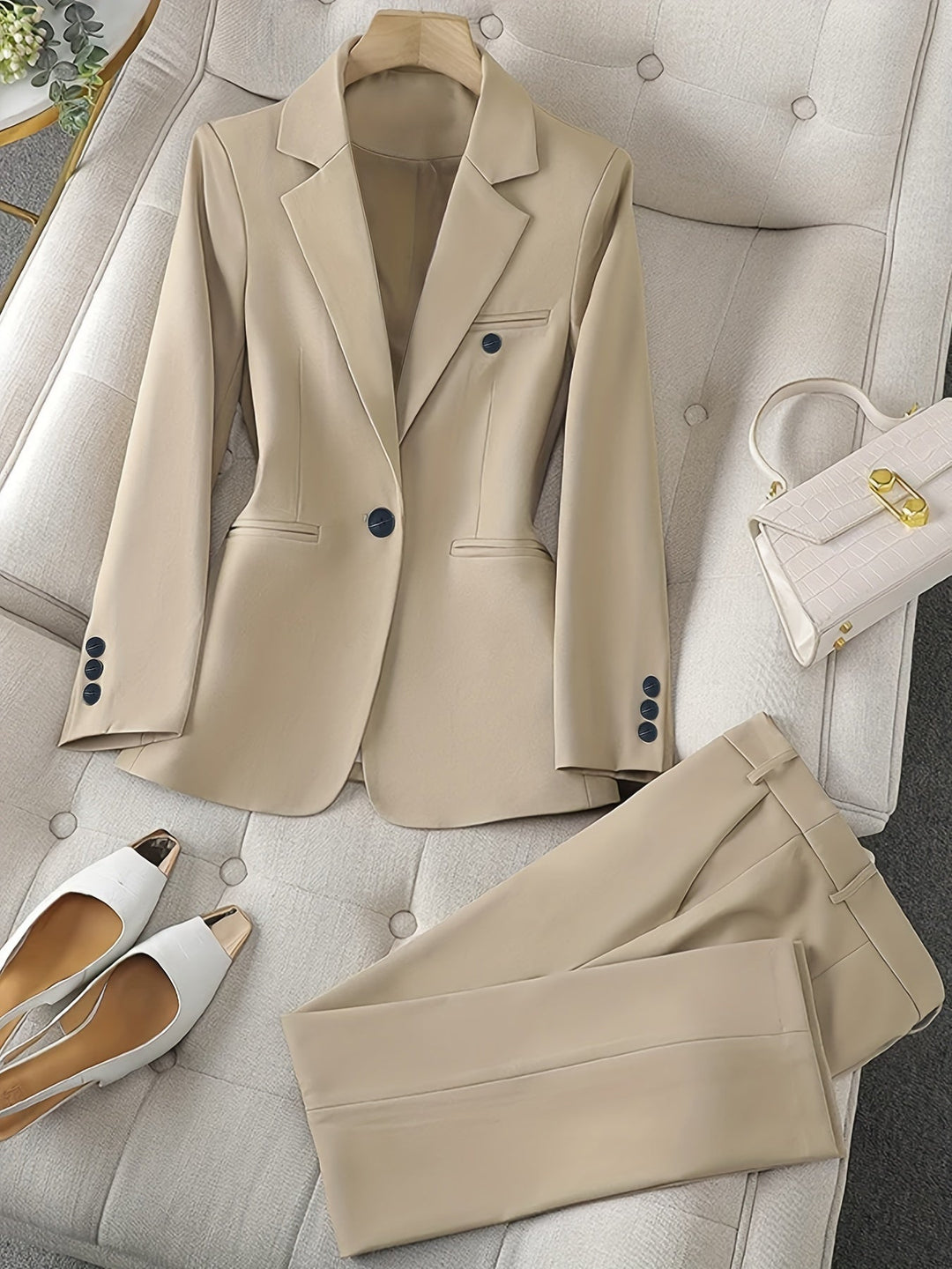 Chic women's blazer set with notched lapel & matching trousers. A versatile & elegant outfit for modern workwear.